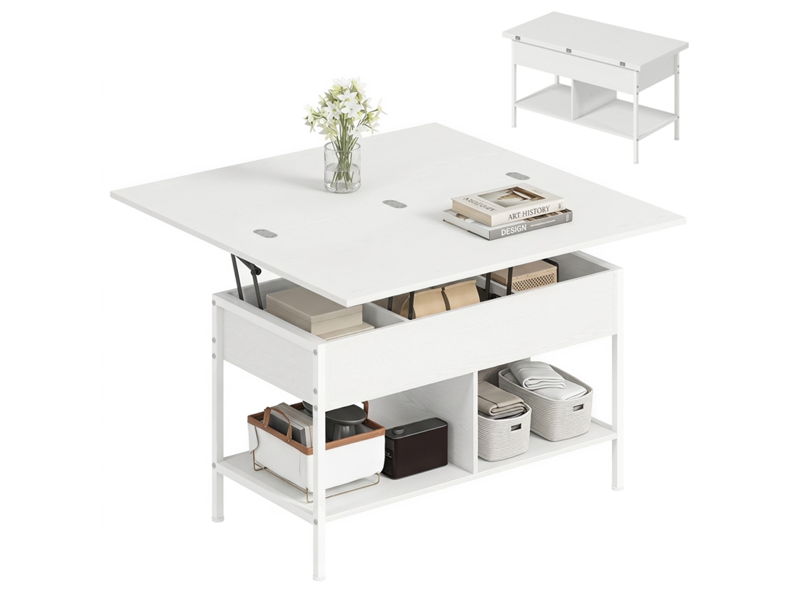 Mesa De Centro Extensível E Com Tampo Elevatório, De Sala De Estar Com Compartimento Oculto E Prateleiras Abertas, 98x49x55cm, Branca