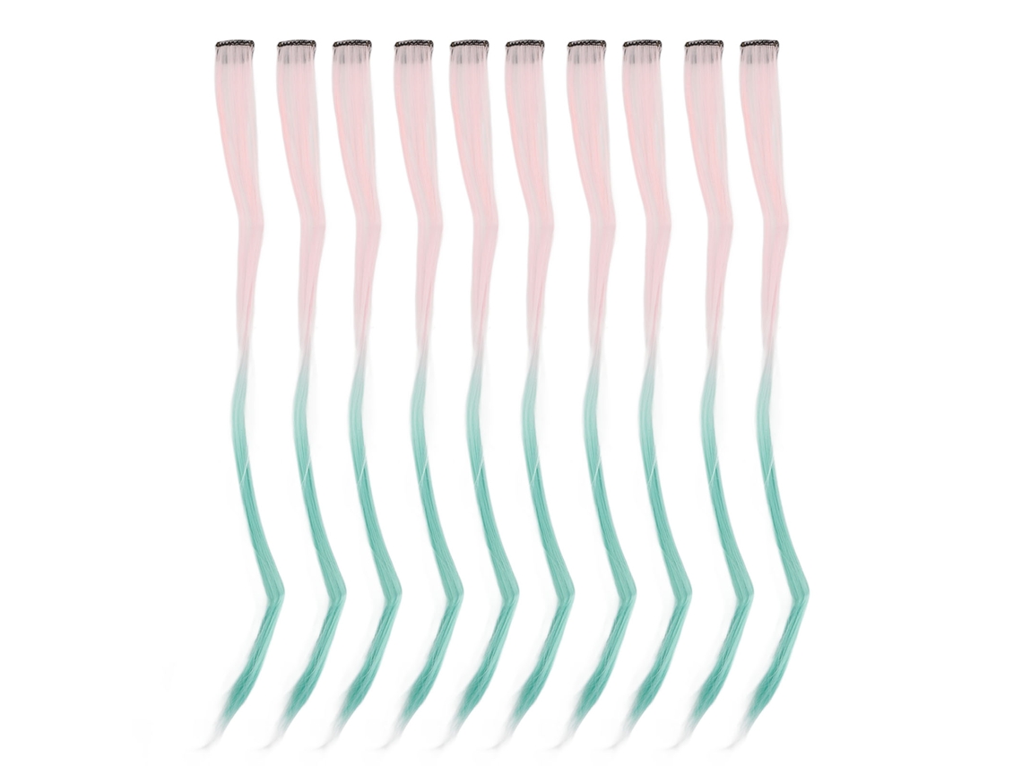 2026 10 peças Aplique de cabelo longo e liso com mechas coloridas em degradê rosa e verde grama, acessório de cabelo embalado individualmente
