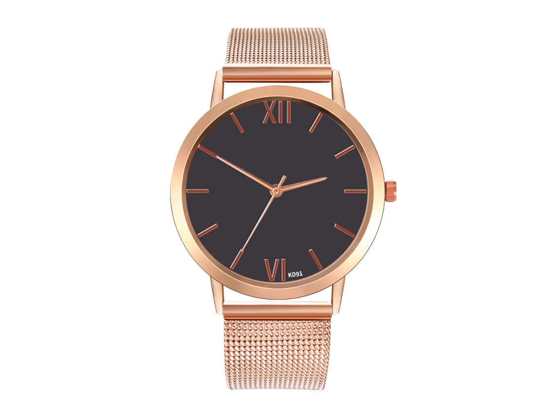 Relógio Analógico de Pulso com Pulseira de Malha Quartzo Estilo Simples Elegante Rosa Dourado+preto