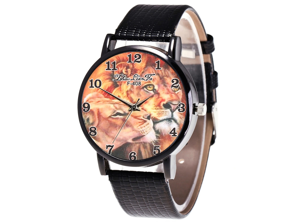 Relógio de quartzo unissex com pulseira de couro PU, mostrador com estampa de leão e tigre (preto)