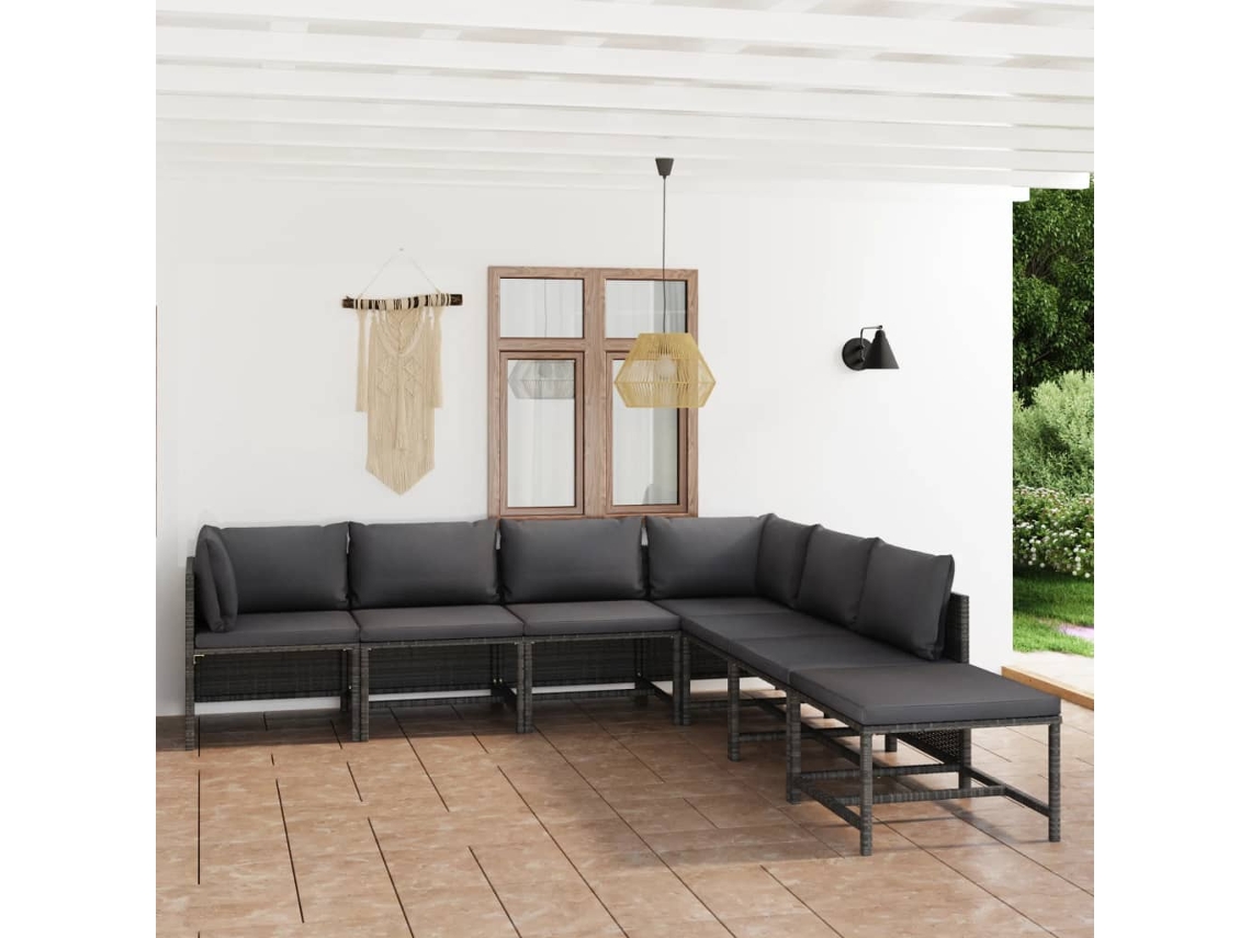 Conjunto 7 Peças Lounge De Jardim C/ Almofadões Vime Pe Cinza Dkd Home Decor