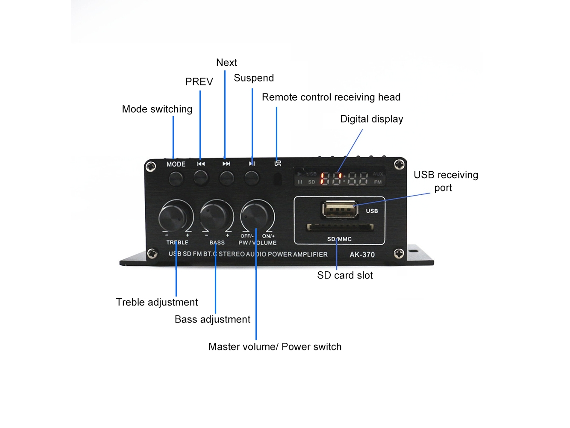 Amplificador De Áudio Mini 12v Ak370 Bt Usb Sd Fm Lcd Controle Remoto 20w+20w Bass Treble