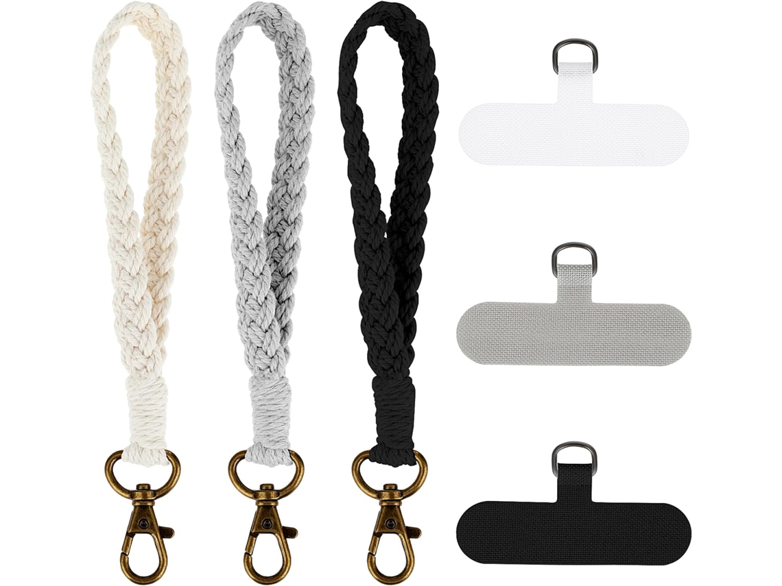 (preto, Branco E Cinza) Conjunto De 3 Pulseiras Boho De Macramê Para Celular, Colar Para Celular Com 3 Presilhas Para Celular, Pulseira Artesanal