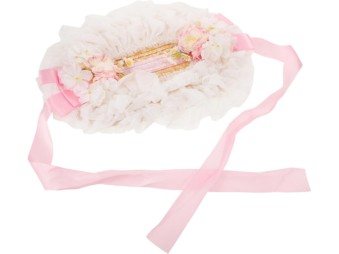 Chapéu De Vime Trançado Estilo Lolita Com Aba Larga, Acabamento Em Renda E Laço Decorativo. Touca Para Proteção Solar.