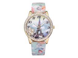 Relógio de Pulso Feminino Vansvar com Strass e Estampas Floridas em Couro Pu Verde