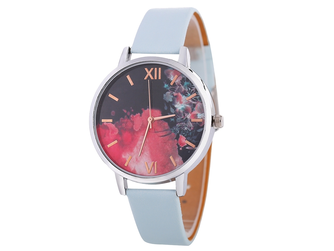 Relógio Casual Feminino Estilo Coreano Pulseira de Couro Movimento de Quartzo Azul Claro
