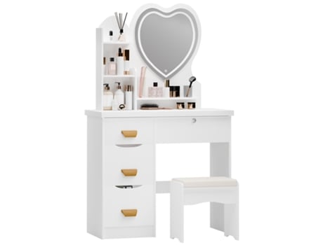 Toucadores Para Quarto Com Espelho Led Em Forma De Coração - Biplut - 3 Modos De Iluminação - 4 Gavetas - Banco Incluído - 80 X 40 X 135 Cm