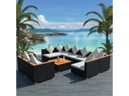 9 Pcs Conjunto Lounge De Jardim C/ Almofadões Vime Pe Preto Dkd Home Decor
