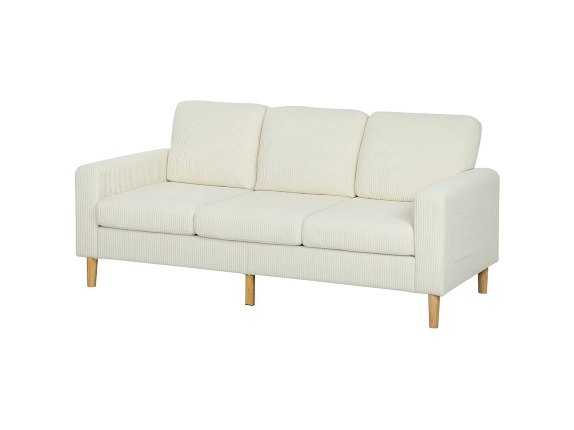 Sofá De 3 Lugares Em Veludo Cotelê Com Almofadas De Mola, 192x80x84,5cm, Na Cor Bege