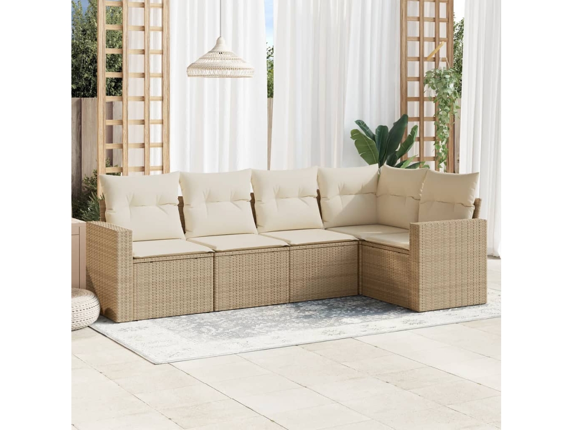 Vidaxl 5 Pcs Conjunto De Sofás P/ Jardim Com Almofadões Vime Pe Bege