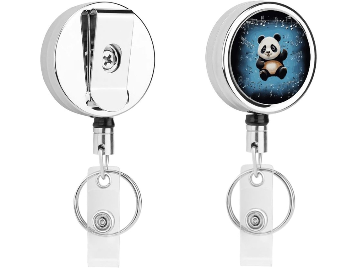 Porta Crachá Retrátil Em Metal Com Panda Dançando Sobre Notas Musicais, Cordão De Nylon Portátil E Chaveiro Em Aço
