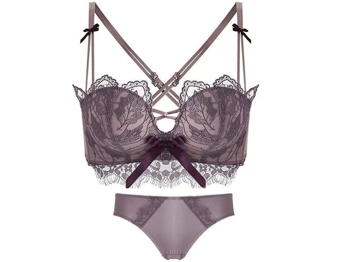 Sutiã Sexy De Calcinha Floral Sem Arame De Aço Macio Recheado Push Up Para Mulher Crop Top Respirável Lila Claro 34