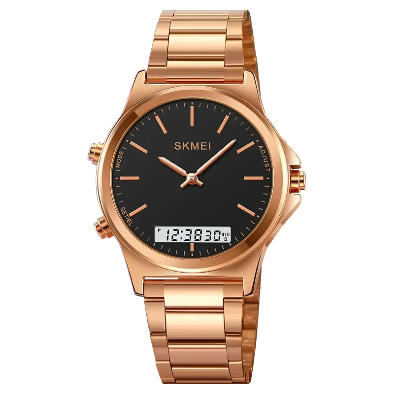 Relógio Cronógrafo Digital Retroiluminado com Três Fusos Horários / Relógio Esportivo MDUG (dourado Rosa e Preto)