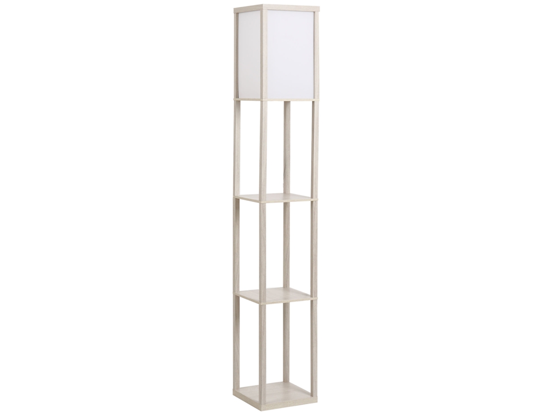 Luminária de Chão BGA STORE com 3 Prateleiras, Iluminação Interna, E27, Até 40W, E1 MDF, Acrílico, Carvalho + Branco (26x26x160cm)