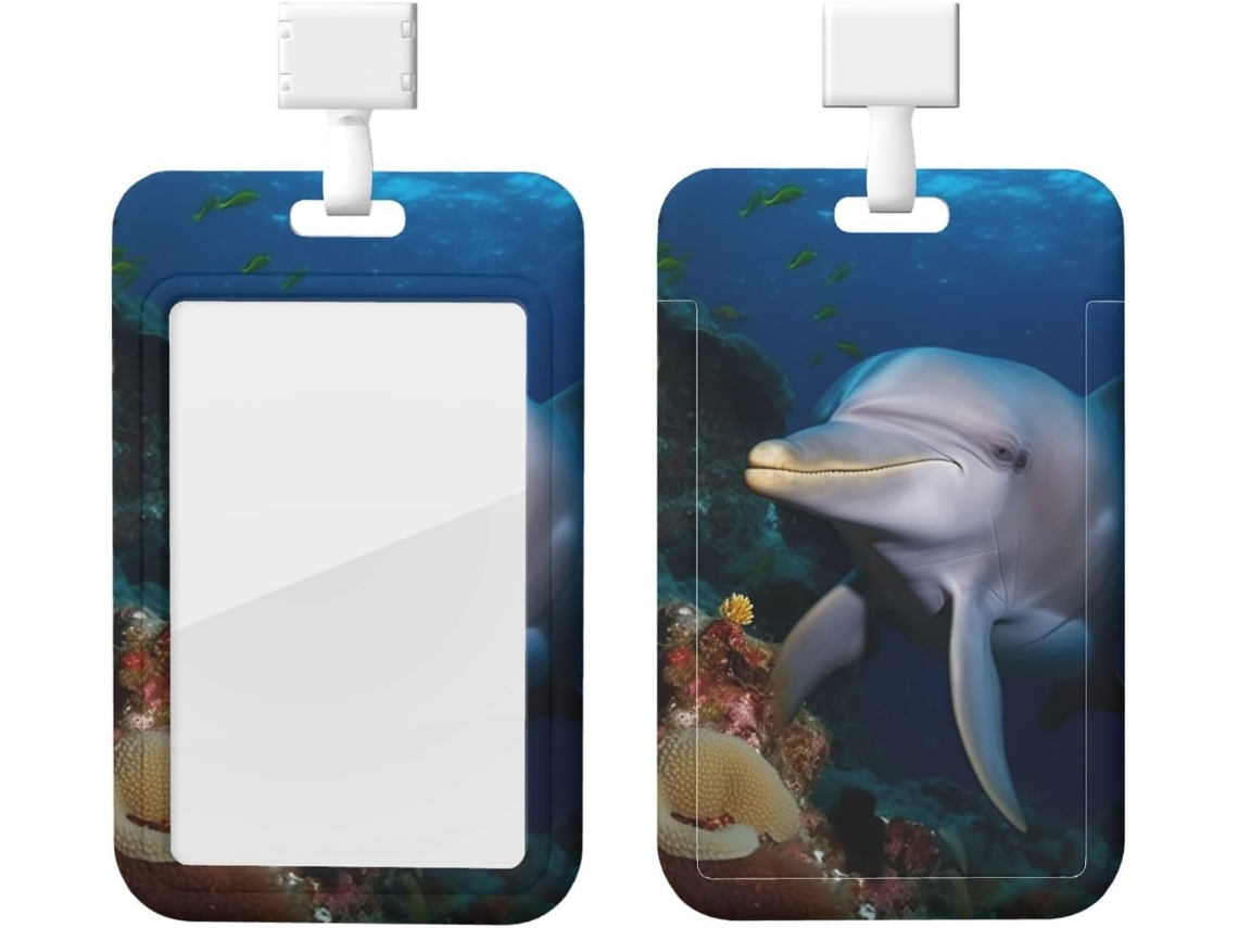 Porta Crachá Plástico Impermeável com Cordão, Estampa Golfinhos em Coral, Modelo Crachás Retrátil Vertical