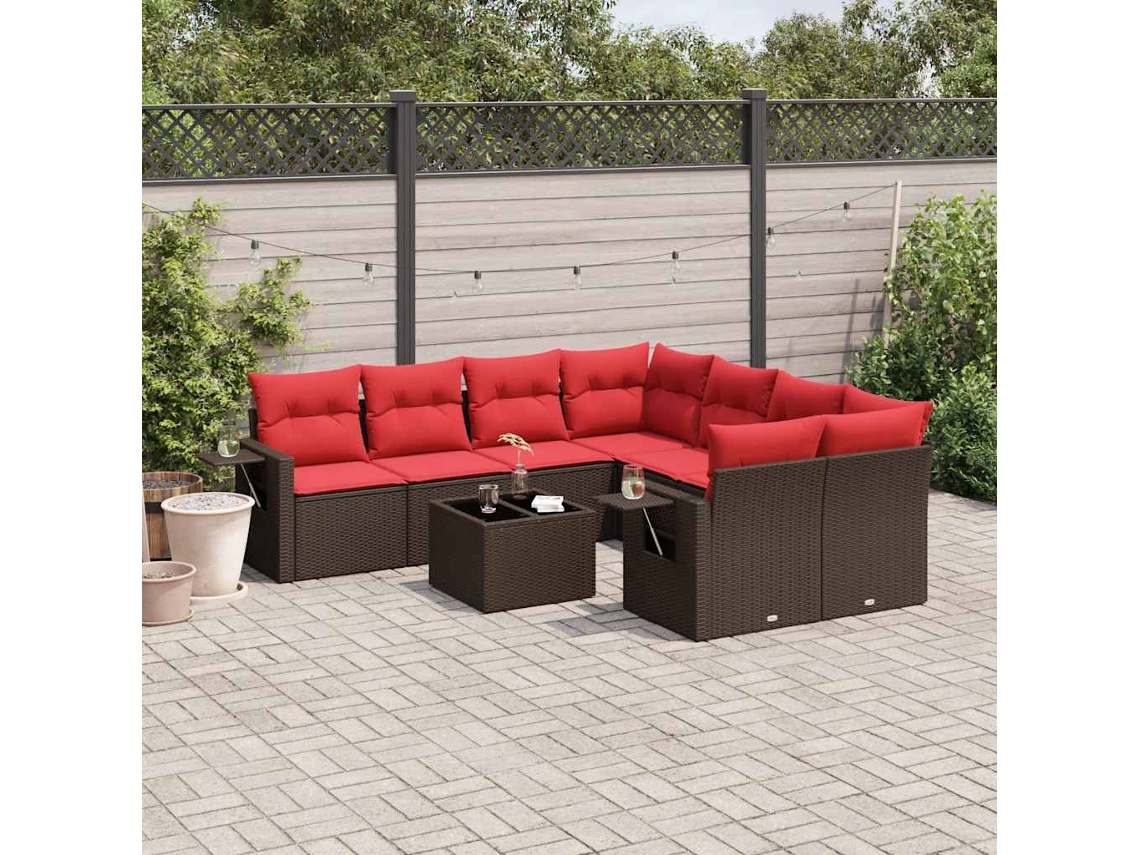 Vidaxl Conjunto De Sofá De Jardim Com 9 Peças E Almofadas Em Rattan Sintético Marrom