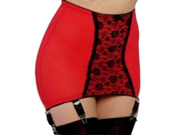 Meia Modeladora de Corpo com Detalhes de Renda, Tecido Spandex Fino, Cores Vermelho e Preto, Tamanhos S a XXL Vermelho