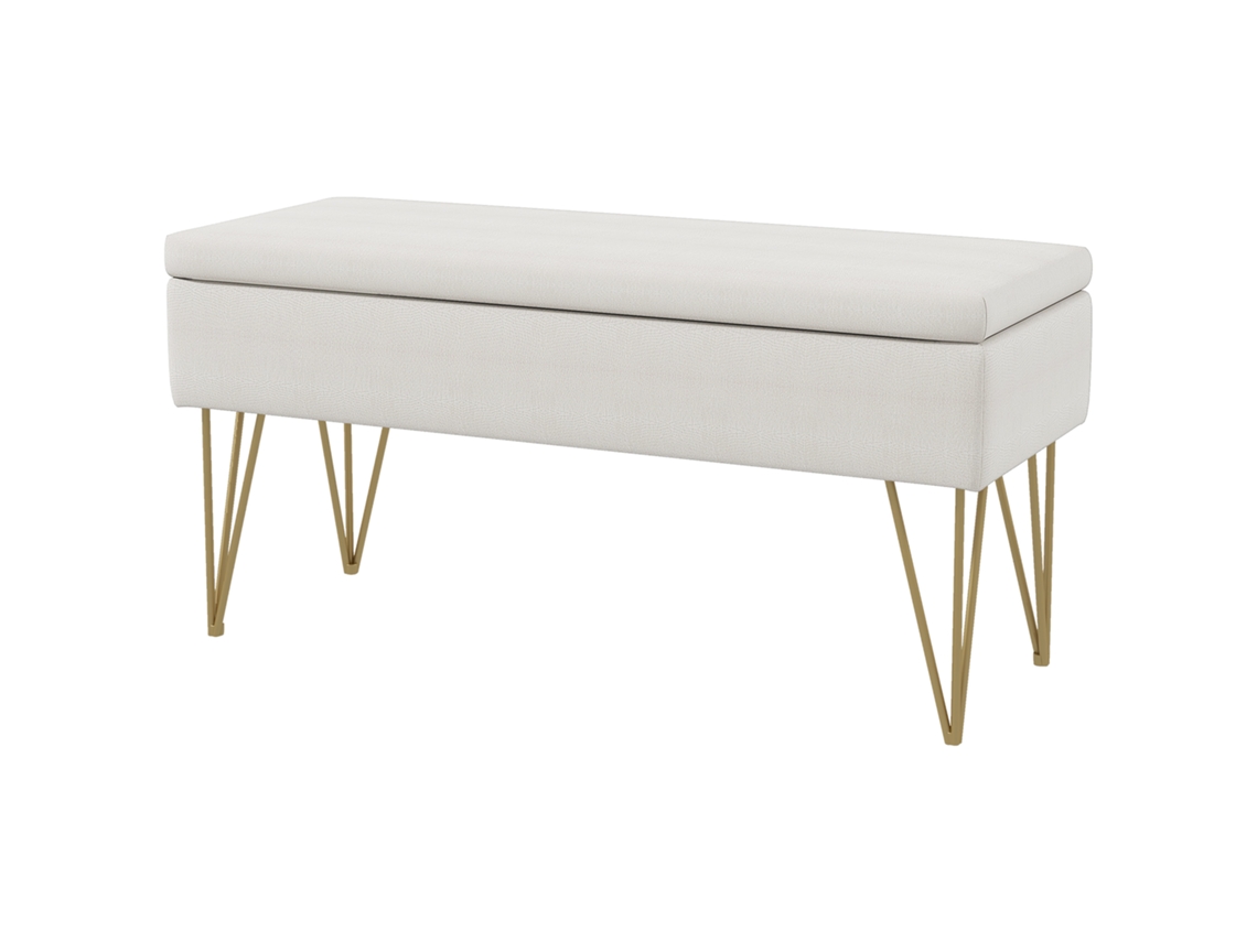 Baú Banco 2 Em 1 100x40x49cm Tecido Com Pernas Finas Aço Dourado, Creme