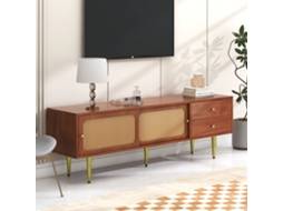 Suporte Tv Nogueira 160x40x60cm, Rattan, 2 Gavetas, 2 Portas Correr. Cs