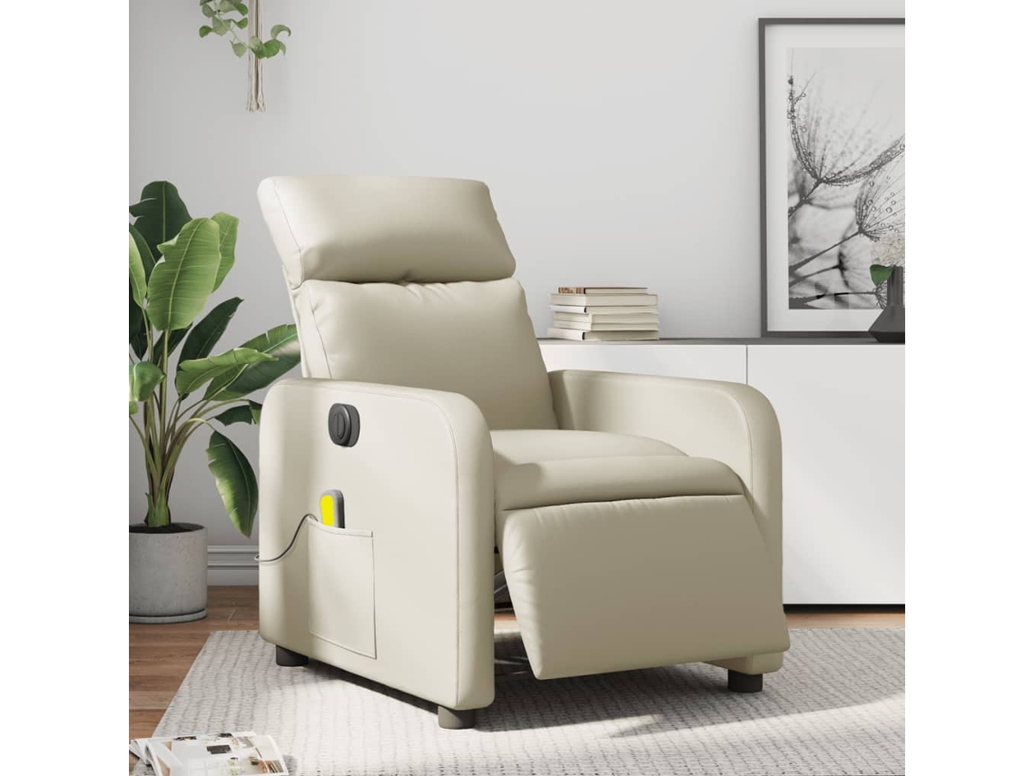 Vidaxl Poltrona Massagens Reclinável Elétrica Couro Artificial Creme