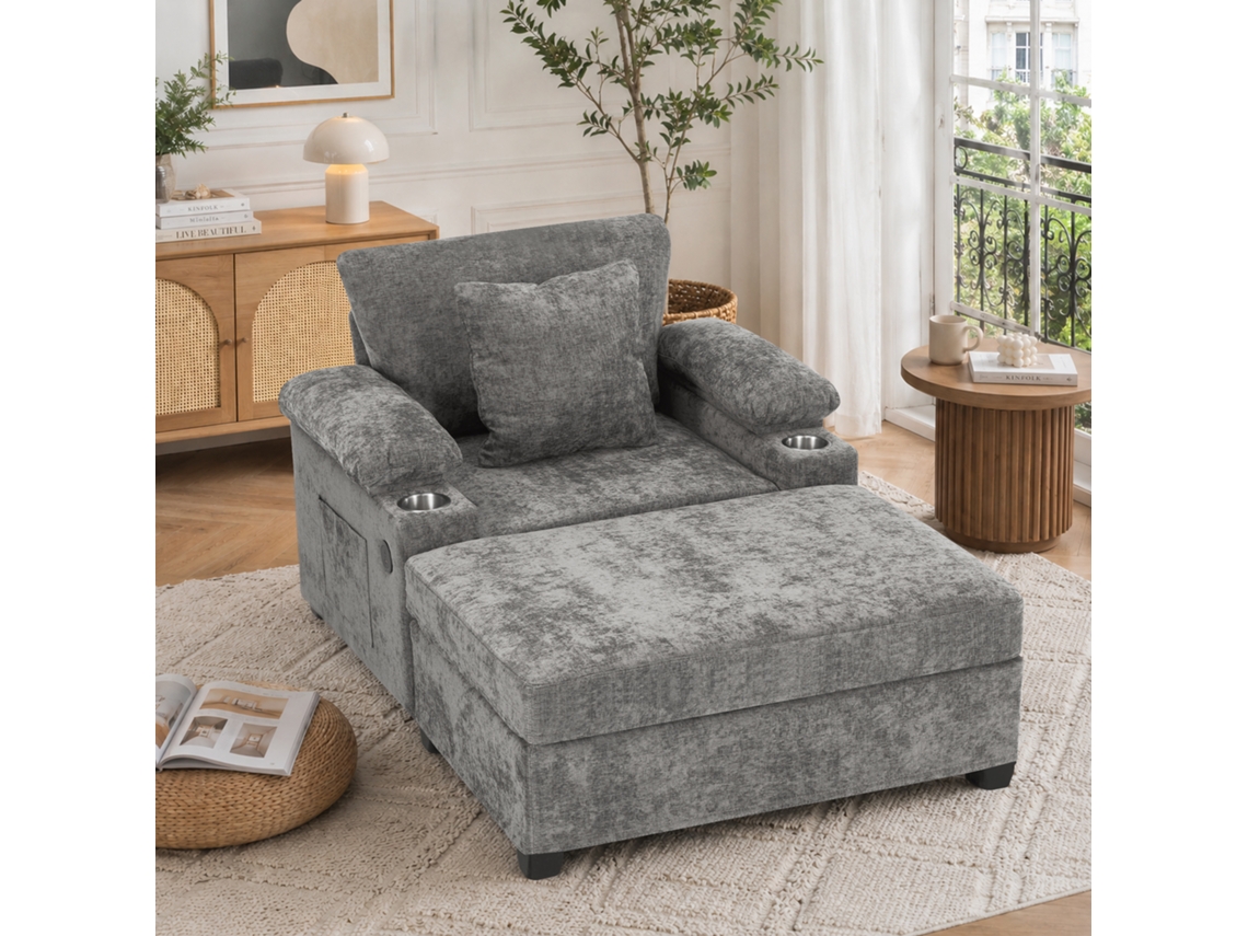 Poltrona Relax Em Chenille Com Porta-copos E Carregamento Usb, Poltrona Lounge Para Sala E Escritório