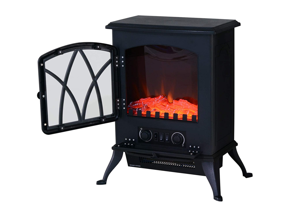 Lareira Elétrica Móvel 1000w/2000w Fogão Silencioso de Pé com Efeito de Chama e Área de Cobertura 30m² Preto Ge