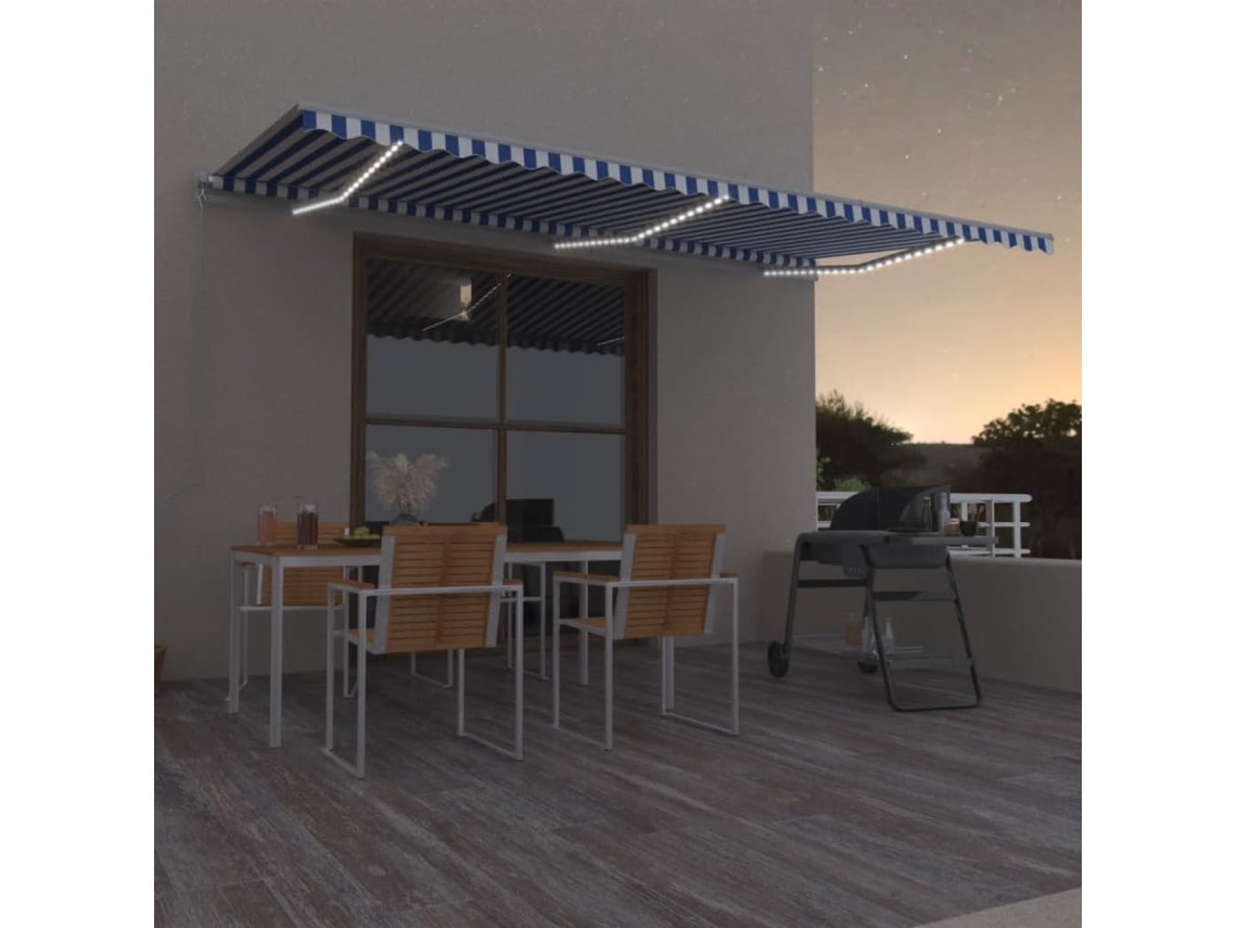 Vidaxl Toldo Retrátil Manual Com Led 600x350 Cm Azul E Branco