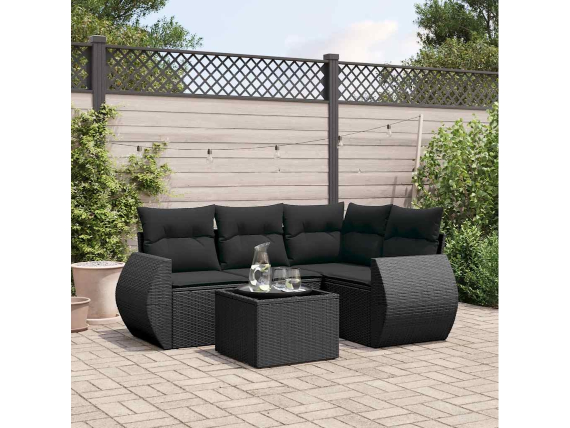 Vidaxl 5 Pcs Conjunto Sofás De Jardim Com Almofadões Vime Pe Preto