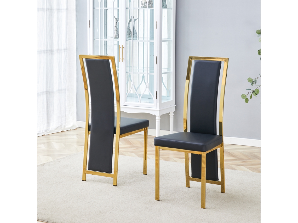 Conjunto 2 Cadeiras Jantar Minimalistas Couro Pu Preto Dourado
