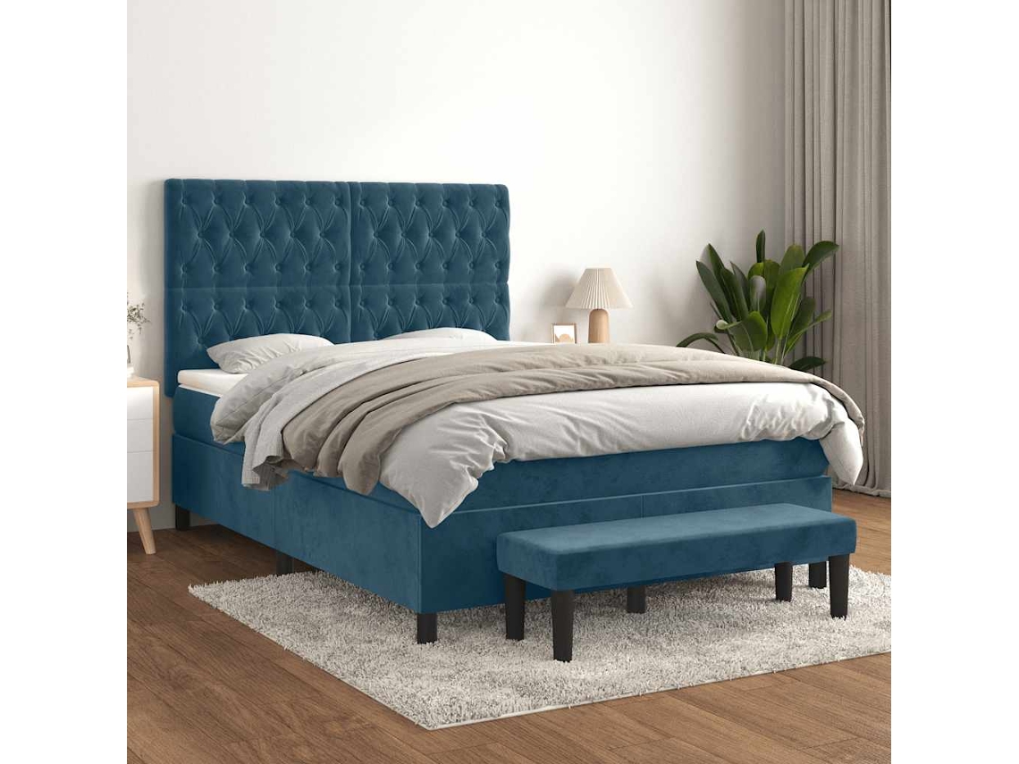 Vidaxl Cama Com Molas/colchão 140x190 Cm Veludo Azul-escuro