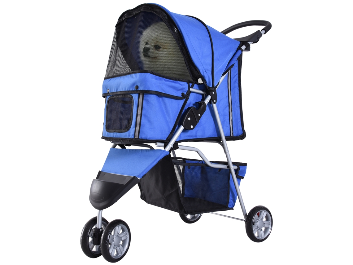 Carrinho para Animais de Estimação Dobrável Carrinho para Cães e Gatos com Rodas Giratórias Cesto e Suporte para Copos 75x45x97cm Azul Ge