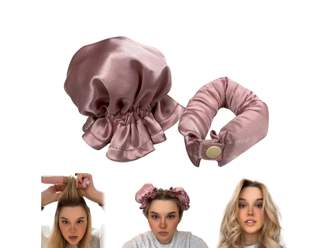 Rulos de satén rosa, sin calor, para rizos, con gorro, diadema suave, para cabello largo para dormir - aquaforge