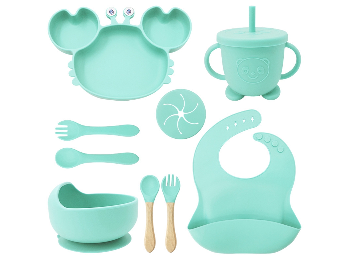 Conjunto 9 Peças Louça De Bebé Em Silicone Verde Menta: Prato Caranguejo, Antiaderente, Bpa-free Para Blw