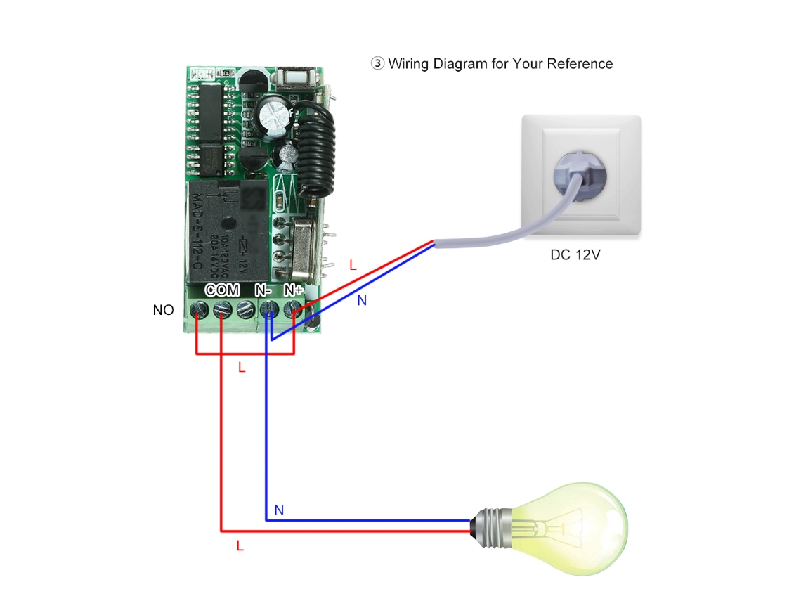 Interruptor de controle remoto RF 433 MHz (universal DC12V, Chip 1527)