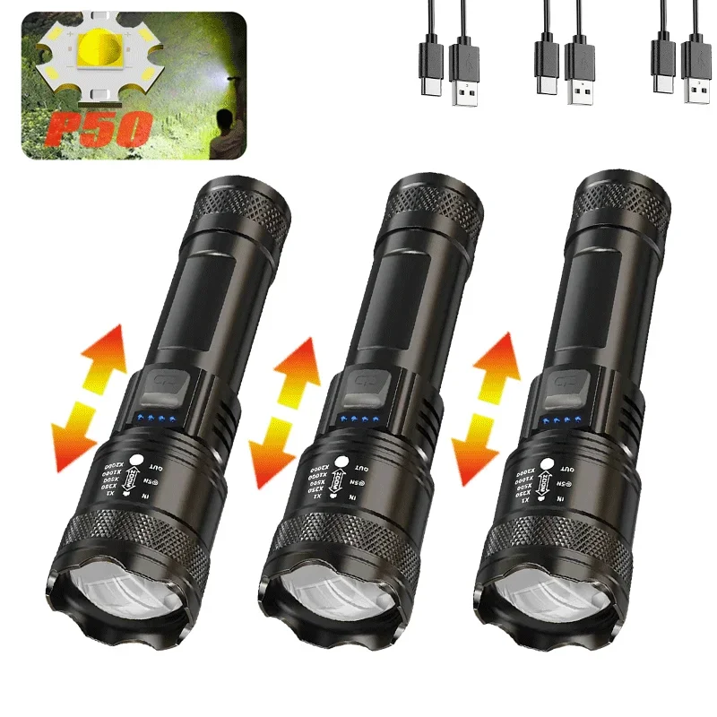 Lanterna LED ultra brilhante Viewleaf P50 com zoom ajustável, recarregável por USB, ideal para acampamentos, emergências e uso ao ar livre.
