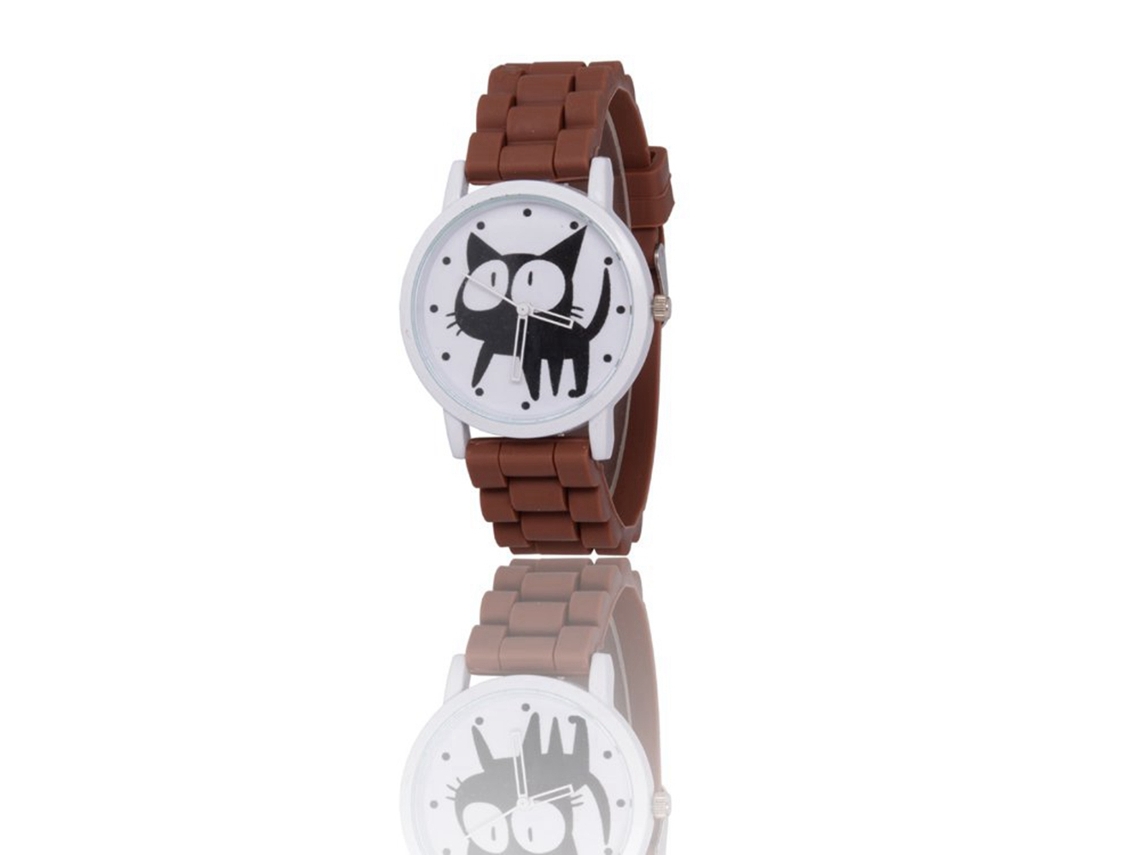 Relógio de Pulso de Quartzo Cute com Pulseira de Silicone e Mostrador Redondo Marrom