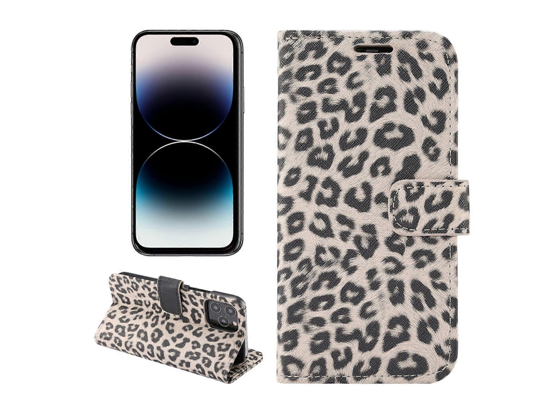 Capa De Couro Com Flip Horizontal E Estampa De Leopardo Para Iphone 14 Pro Max, Marrom