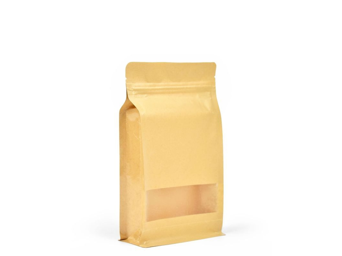 2026 50 Bolsas Kraft com Janela e Fundo Plano Reutilizáveis para Alimentos Autoestantes 140x240mm
