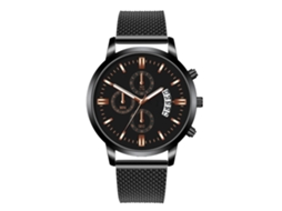 Relógio masculino casual, mostrador redondo colorido, movimento de quartzo, pulseira preta, detalhes em ouro rosa.