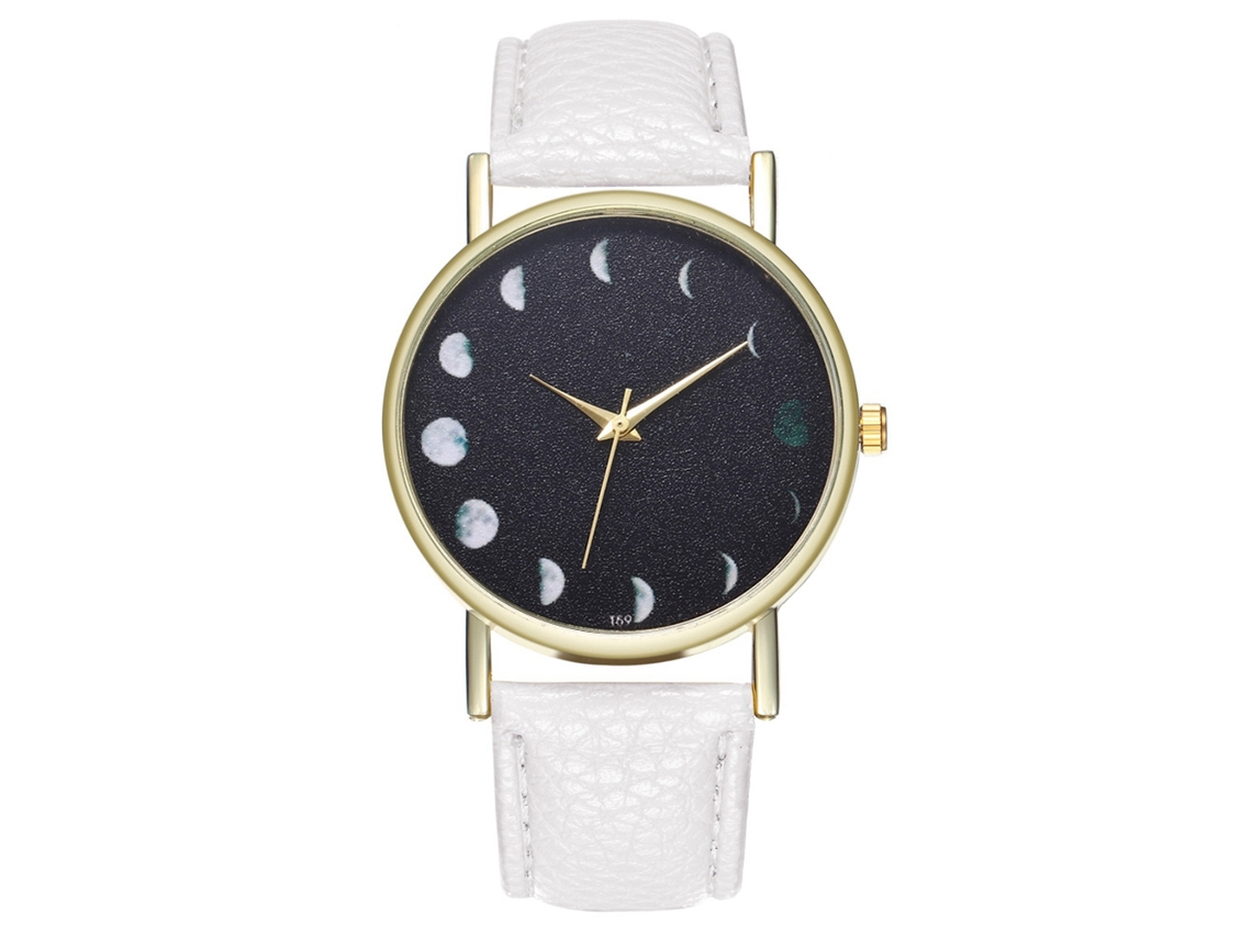 Relógio de quartzo unissex com pulseira de couro PU, design simples de lua, branco.