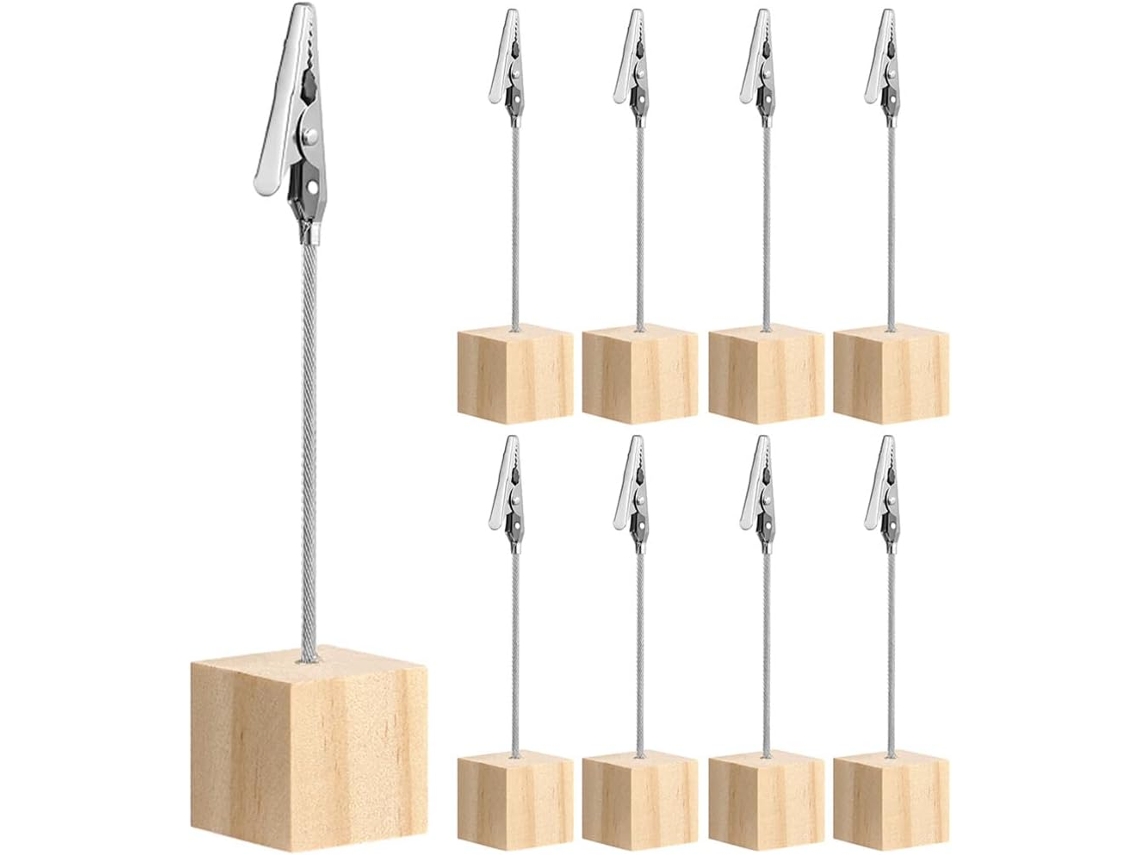 Conjunto de 9 Prendedores Fotos Madeira para Mesa, Porta recados com Base em Cubo, Guardar e Cartões, Estilo S