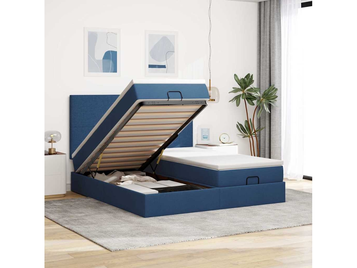 Vidaxl Estrutura De Cama Otomana Com Colchões 180x200cm Tecido Azul