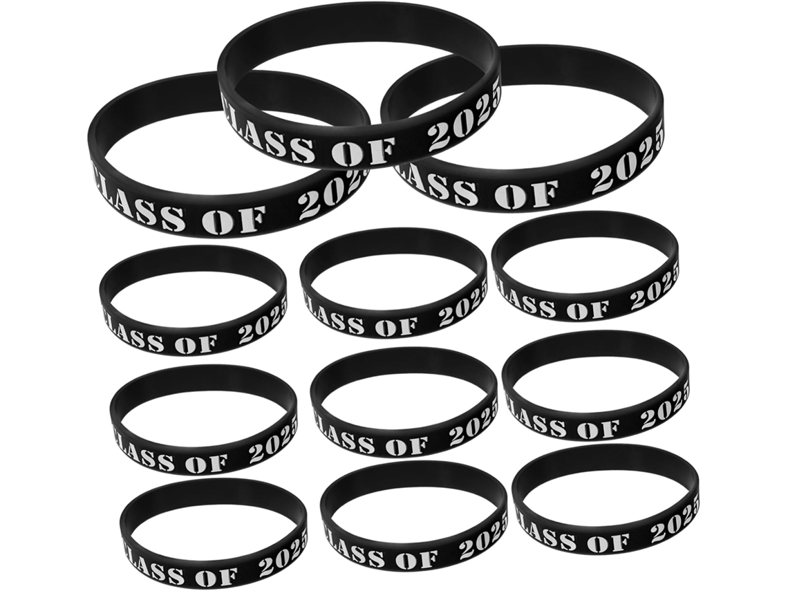 Conjunto de 25 pulseiras de silicone com detalhes em preto, material sólido e elástico, ideais para festas e eventos.