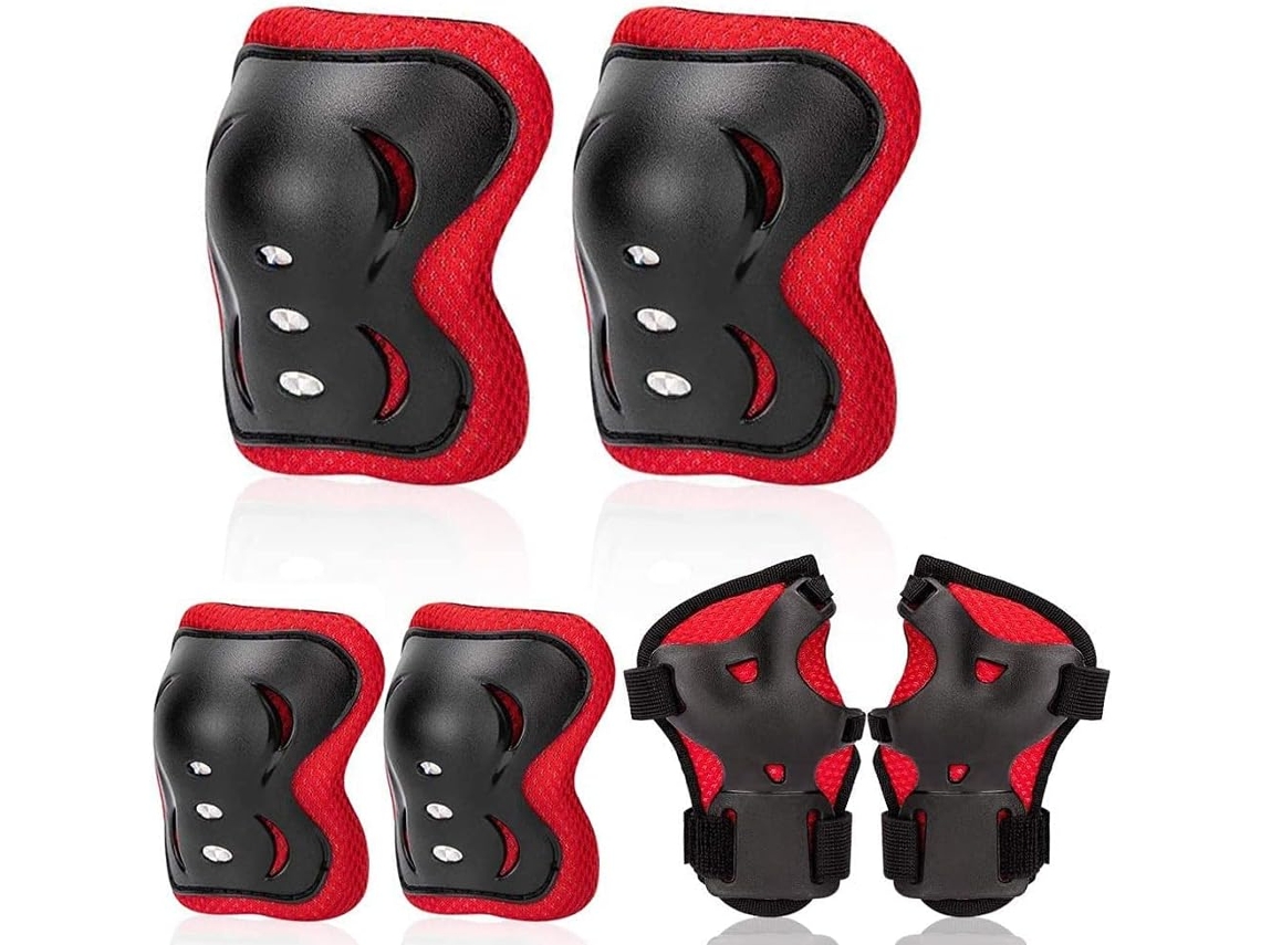 Conjunto Proteção Infantil 3em1 Joelheiras Cotoveleiras Pulso 6 Peças Estampa Borboleta Preto Vermelho