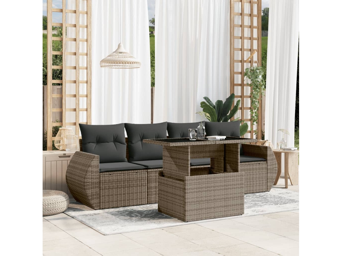 Vidaxl 5 Pcs Conjunto Sofás de Jardim C/ Almofadões Vime Pe Cinzento