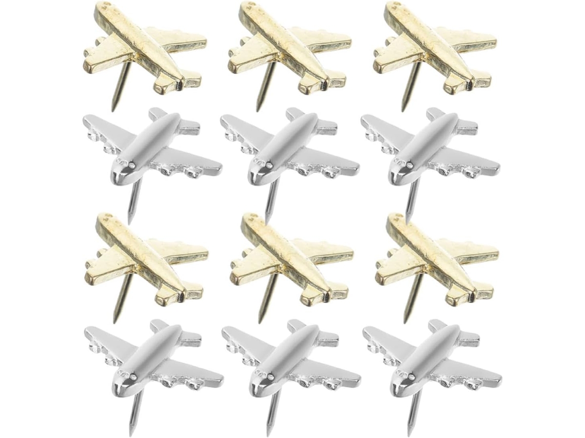 Conjunto Tehaux De 12 Tachinhas Metálicas 3D Em Formato Avião Para Cortiça, Quadros Decorativos E Funcionais