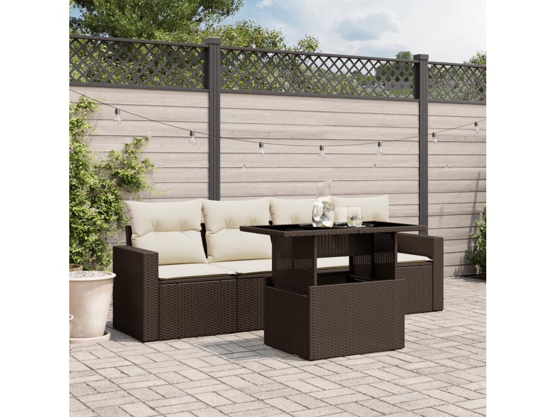 5 Pcs Conjunto de Móveis de Jardim - Conjunto Sofás P/ Jardim C/ Almofadões Vime Pe Castanho HARLANV1