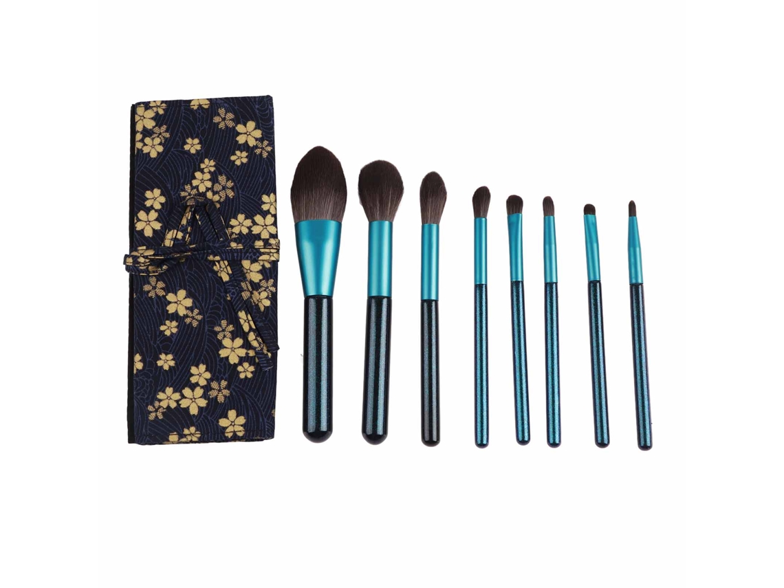 Pinceles de maquillaje, 8 piezas con bolsa de almacenamiento azul (suaves y portátiles)