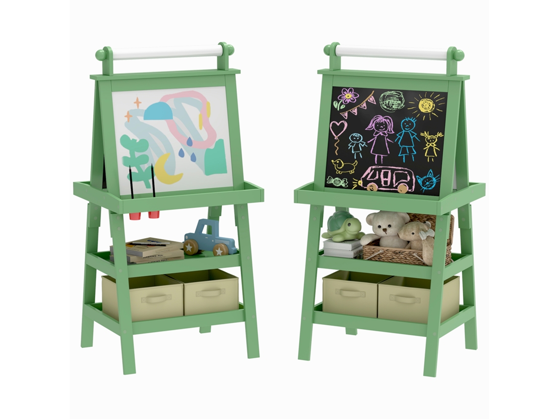Quadro-negro Infantil Com Cavalete 3 Em 1, Rolo De Papel E 2 Recipientes, Madeira, 59x48x118 Cm, Verde