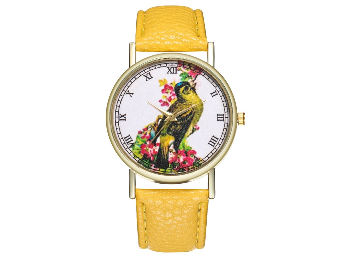 Relógio feminino Zhoulianfa com imagem de pássaro, mostrador redondo, quartzo analógico, amarelo